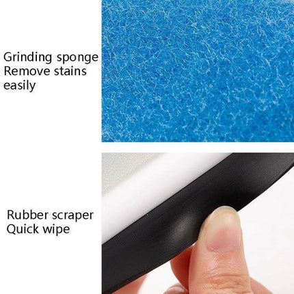 2-In-1 Window Glass Cleaning Brush With Dust Collecting showing blue grinding sponge texture and close-up rubber scraper for quick wipe