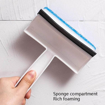 2-In-1 Window Glass Cleaning Brush With Dust Collecting - handheld double-sided scrubber with sponge compartment and rubber scraper for windows