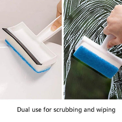2-In-1 Window Glass Cleaning Brush With Dust Collecting applied and wiping foam on glass with rubber scraper for streak-free windows