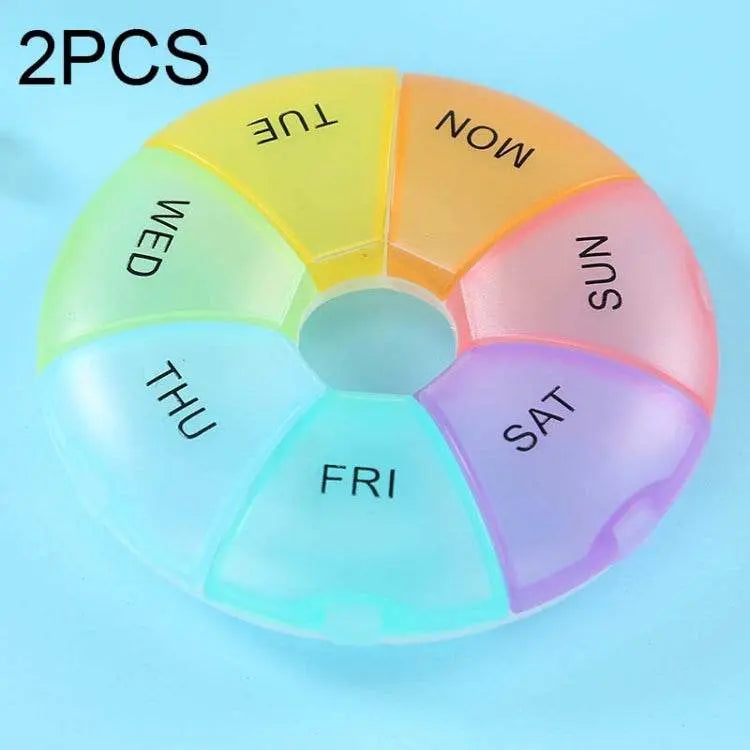 2 PCS Round 7 Days Rainbow Color Portable Pill Box Organizer