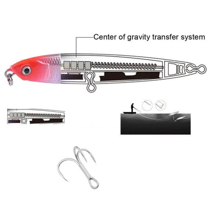 2-Piece Sinking Pencil Lure For Long Casting Fishing showing internal center-of-gravity transfer system and treble hook