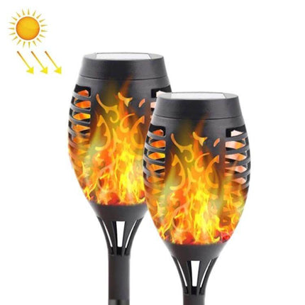 2-Pack Outdoor Solar Flame Lights for Courtyard Lawn – pair of black solar LED flame-style garden stake lights with 6–12h runtime