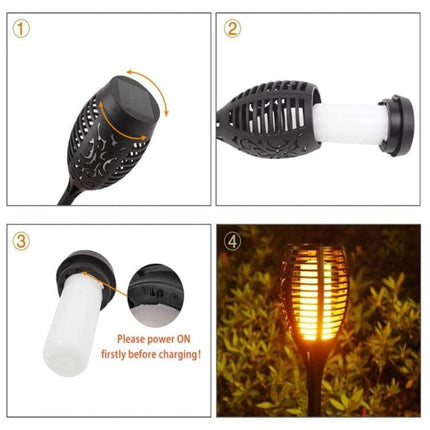 2-Pack Outdoor Solar Flame Lights for Courtyard Lawn - two LED solar torch lights with rechargeable battery, assembly steps and warm flame effect in garden