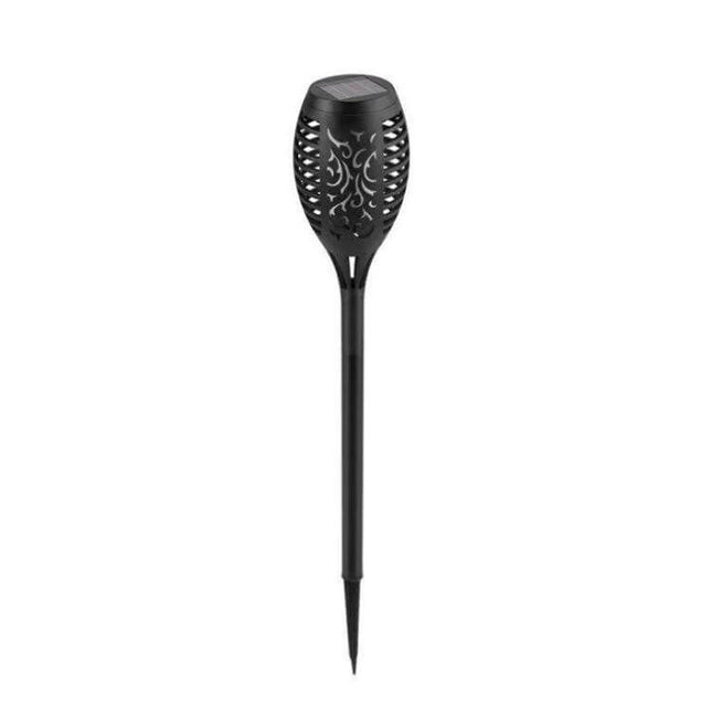 2-Pack Outdoor Solar Flame Lights for Courtyard Lawn - black LED solar torch stake with decorative flame-patterned head, 6–12h runtime