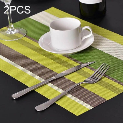 2-Pack PVC Stripe Placemats For Everyday Dining 45 X 30 Cm - green brown striped PVC placemat with cup, fork and knife on black table