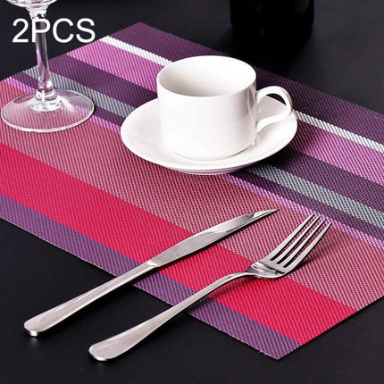 2-Pack PVC Stripe Placemats For Everyday Dining 45 X 30 Cm - purple red stripe PVC placemat with cup, fork and knife on black table