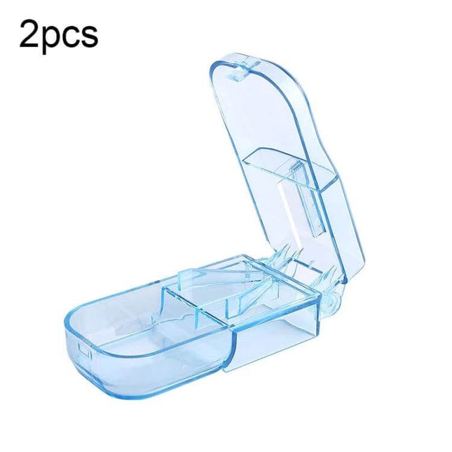 2-Pack Pill Cutter For Splitting Tablets Food Grade Plastic compact blue 2pcs pill splitter with V-shaped slot for 6–20mm tablets, travel and home use
