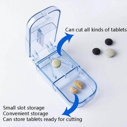 2-Pack Pill Cutter For Splitting Tablets Food Grade Plastic - compact blue double pill cutter with V-slot holding and split tablet storage, travel-friendly