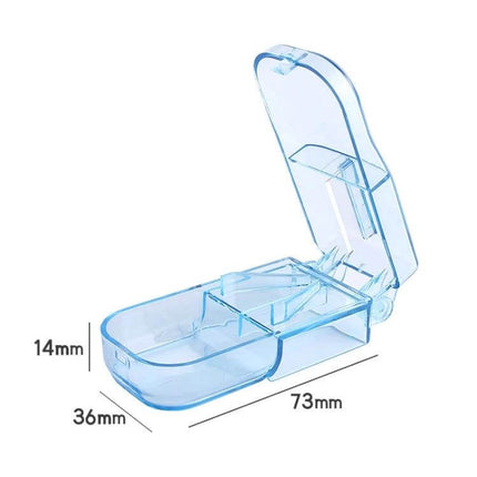 2-Pack Pill Cutter For Splitting Tablets Food Grade Plastic blue compact pill cutter open showing V-slot and measurements for travel and caregiving