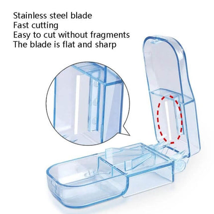 2-Pack Pill Cutter For Splitting Tablets Food Grade Plastic compact blue pill cutter with stainless steel blade and V-shaped slot, two-pack, travel and home use