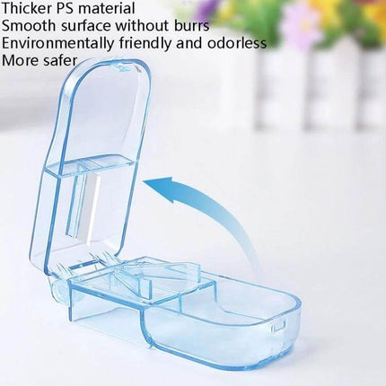 2-Pack Pill Cutter For Splitting Tablets Food Grade Plastic clear blue compact V-slot pill cutter set, two cutters for 6–20mm tablets, travel and home use