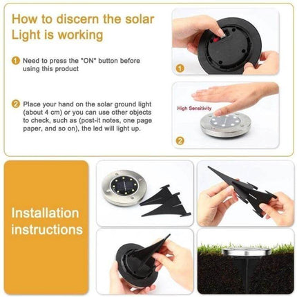 2 Pack Solar Underground Garden Lights For Walkways showing installation steps, on/off button, sensitivity test and ground stake placement