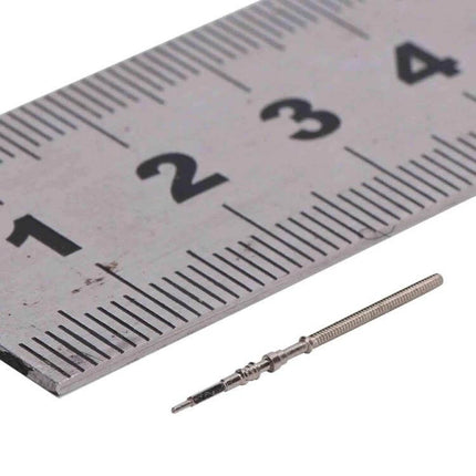 2 Pack Watch Repair Handle Parts for Winding Stem Replacement — close-up of stainless alloy winding stem beside ruler for NH35 NH36 compatibility