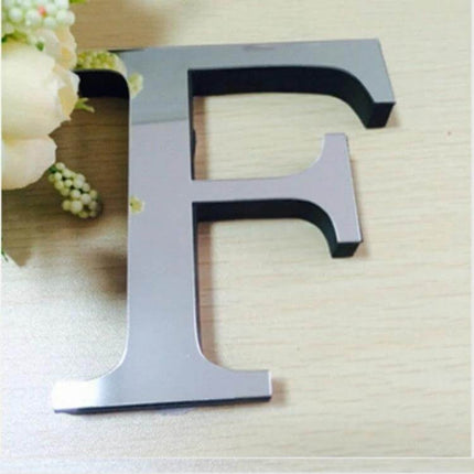 2-Piece Acrylic Mirror 3D Letter Wall Stickers For Home Decor silver acrylic letter F on wooden surface, two-piece decorative initial