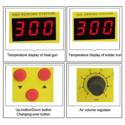 2-in-1 Hot Air Rework Station And Soldering Iron For Electronics Repair showing temperature displays, control buttons and air volume regulator