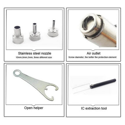 2-in-1 Hot Air Rework Station And Soldering Iron For Electronics Repair showing nozzles air outlet wrench and IC extraction tool