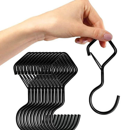 2-Pack S Hooks With Safety Buckle For Hanging Items - black metal S hooks held by hand, safety buckle lock for secure hanging up to 15kg