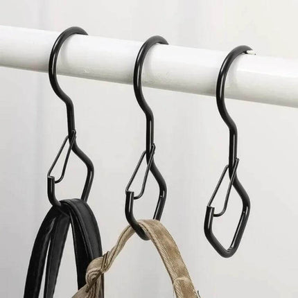 2-Pack S Hooks With Safety Buckle For Hanging Items – black metal S-hooks with safety buckles hanging bags on a closet rod, 15 kg load capacity