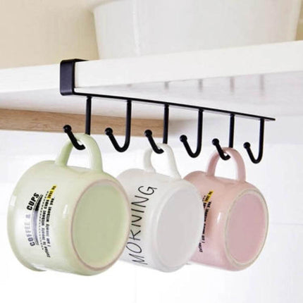 2 Pack Hooks Storage Rack For Cup And Towel Hanging Kitchen Bath Organizer under-shelf iron hooks holding three mugs, compact kitchen cup and towel organizer