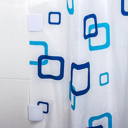 Shower Curtain Clips Set Plastic Viscose For Easy Bathroom Use 2 Pack - white plastic clips holding patterned blue square shower curtain, 5 cm, 2-pack