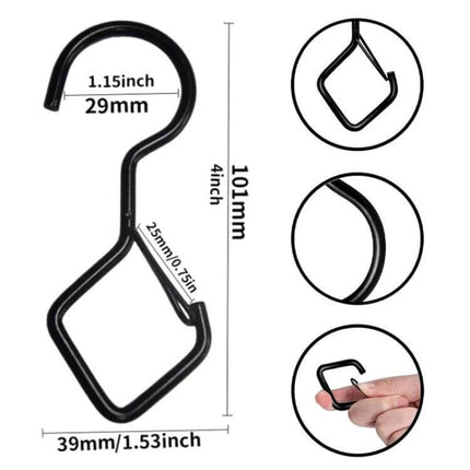 2-Pack S Hooks With Safety Buckle For Hanging Items - black metal S hook with safety buckle, 101mm length, 15kg load, for kitchen closet garage organization