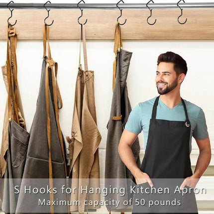 2-Pack S Hooks With Safety Buckle For Hanging Items - metal S hooks hanging aprons and tools on a rail, secure safety buckle, ideal for kitchen and garage