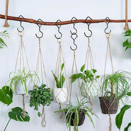 2-Pack S Hooks With Safety Buckle For Hanging Items hanging potted plants from a branch rod, black S hooks with safety buckles holding macrame planters