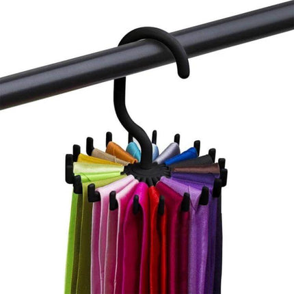 20 Claws Rotatable Tie Rack Hanger For Ties Belts Scarves hanging colorful ties on a 360-degree rotatable 20-claw organizer for small closets