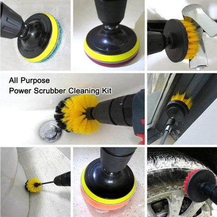 20 In 1 Drill Brush Set For Floor Wall Window Cleaning kit showing drill-mounted brushes and scouring pads for tubs, tiles, grout, windows, and car wheels