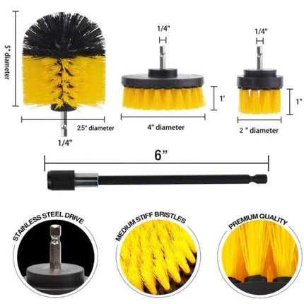 20 In 1 Drill Brush Set For Floor Wall Window Cleaning - yellow medium-stiff bristle drill brush heads (4", 2", 2.5"), 6" extension, stainless steel drive