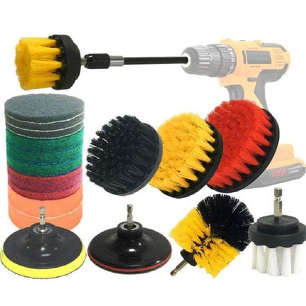 20 In 1 Drill Brush Set For Floor Wall Window Cleaning showing assorted drill brush heads, scouring pads and extension shaft for multi-surface scrubbing