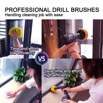 20 In 1 Drill Brush Set For Floor Wall Window Cleaning attached to drill polishing and scrubbing window sill and ledge for faster cleaning