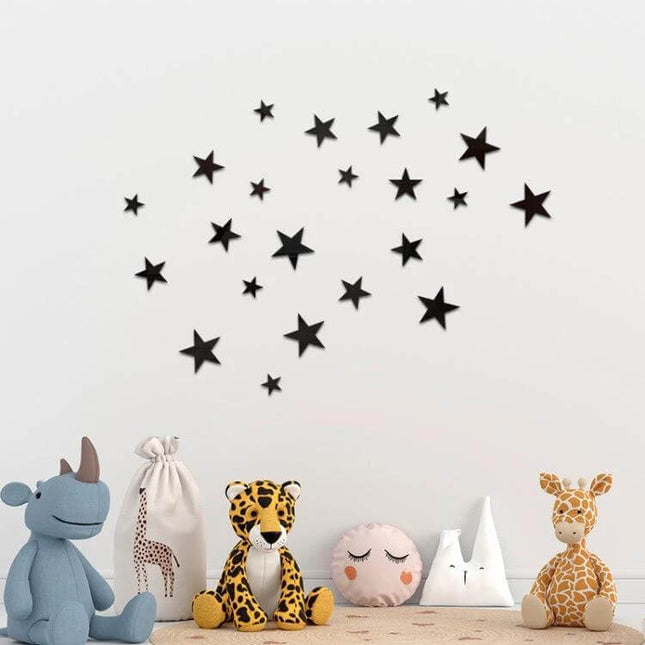 20-Piece Acrylic Stars Mirror Wall Stickers For Home Decor - black star constellation wall stickers arranged above nursery toys