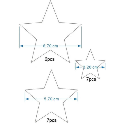 20-Piece Acrylic Stars Mirror Wall Stickers For Home Decor - diagram showing sizes: 6pcs 6.70 cm, 7pcs 5.70 cm, 7pcs 3.20 cm