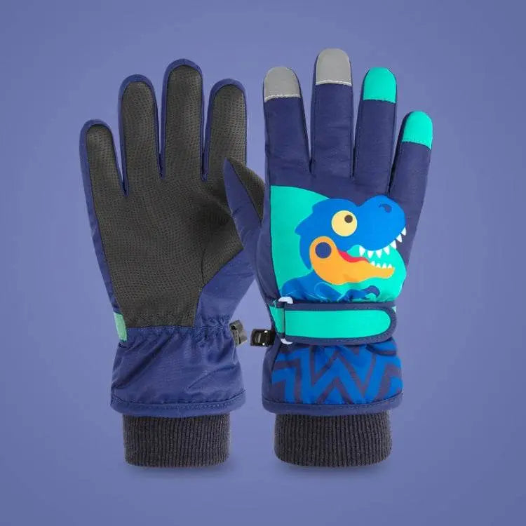 2020KL Cartoon Dinosaur Pattern Children Ski Gloves Navy Blue 