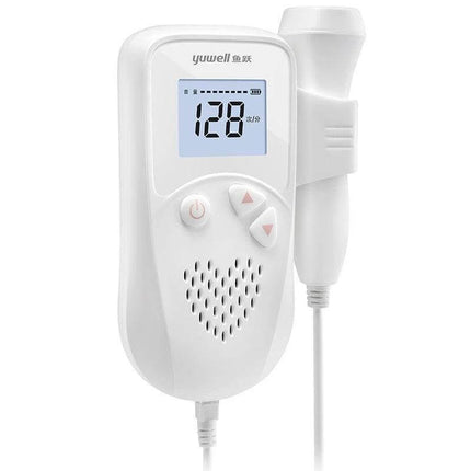 Portable Fetal Heart Rate Monitor for Home Pregnancy Use - white handheld fetal doppler with display showing 128 BPM, probe and buttons