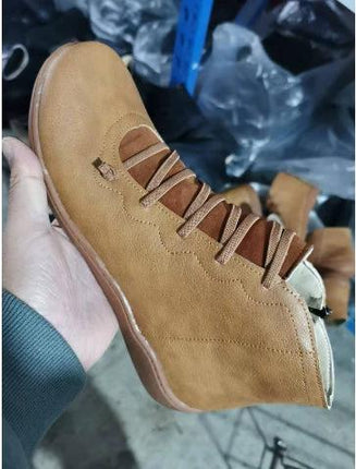 Women's Casual High Top Short Boots With Low Heel Round Toe in tan PU with side zipper, low heel and round toe for city commuting