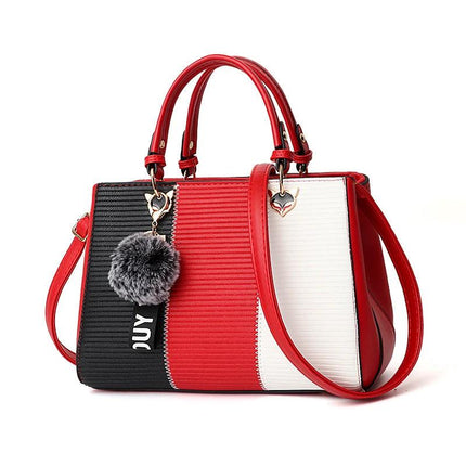 Patchwork Shoulder Bag In PU Leather With Hairball 29cm