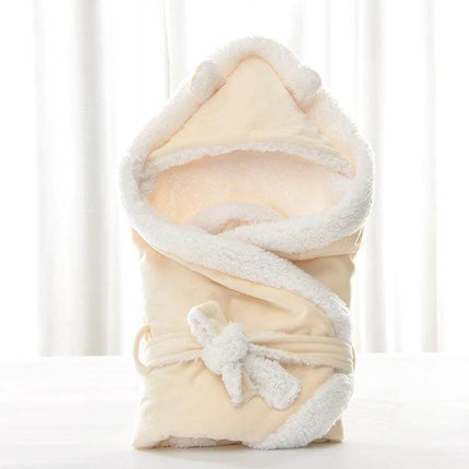 Soft Velvet Swaddle Blanket for Newborns in Winter Sizes - cream velvet hooded swaddle with sherpa trim, 88x88cm cozy wrap for naps and outings