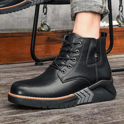 Men's Leather Wedge Martin Boots For Casual Winter Wear black cowhide lace-up wedge heel boot shown on wooden floor