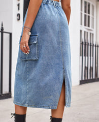 Slit Buttoned Denim Skirt with Pockets