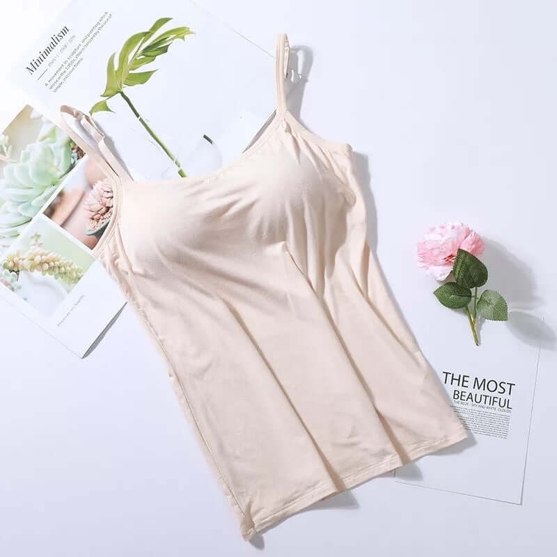 Women's modal long sling vest in soft beige, perfect for home comfort and versatile layering styles.