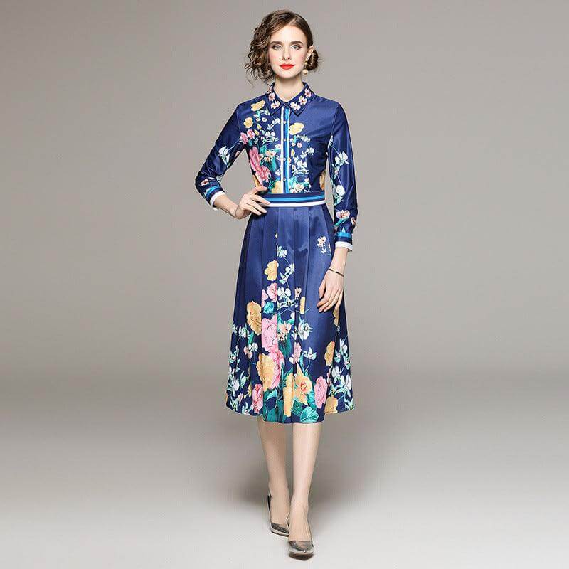 Elegant Blue Mid-Length Slimming Dress with Positioning Print