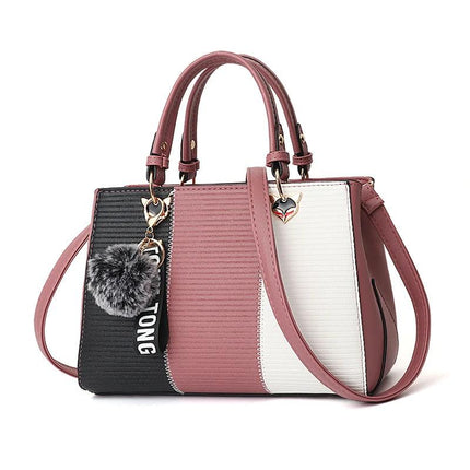 Patchwork Shoulder Bag In PU Leather With Hairball 29cm