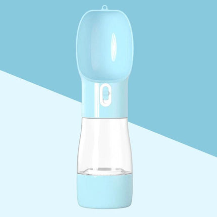 Portable Dog Water Bottle With Food Compartment For Travel in blue, dual-chamber 258ml water top and 200g food bottom for walks and hikes