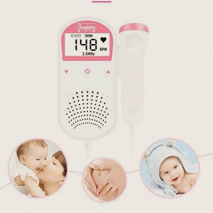 Portable Fetal Heart Rate Monitor for Home Pregnancy Use - handheld waterproof fetal doppler showing 148 BPM, speaker and probe with maternity and baby icons