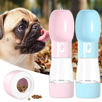 Portable Dog Water Bottle With Food Compartment For Travel in pink and blue with dog drinking, dual-chamber water and food dispenser