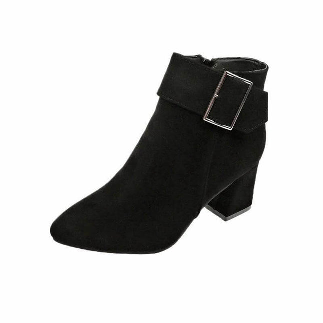 Women's Suede Pointed Martin Boots With Thick Heel in black suede low shaft with side zipper and block heel, polished office and city wear