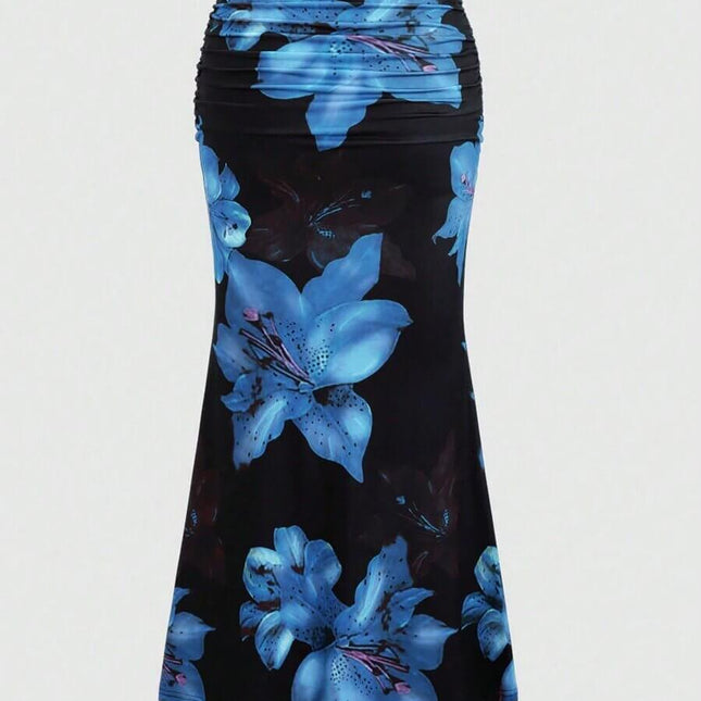 Women's A-Line Skirt for Leisure and Vacation Outings - black A-line skirt with blue floral print, ruched waist, comfortable medium-elastic fabric for travel and casual wear