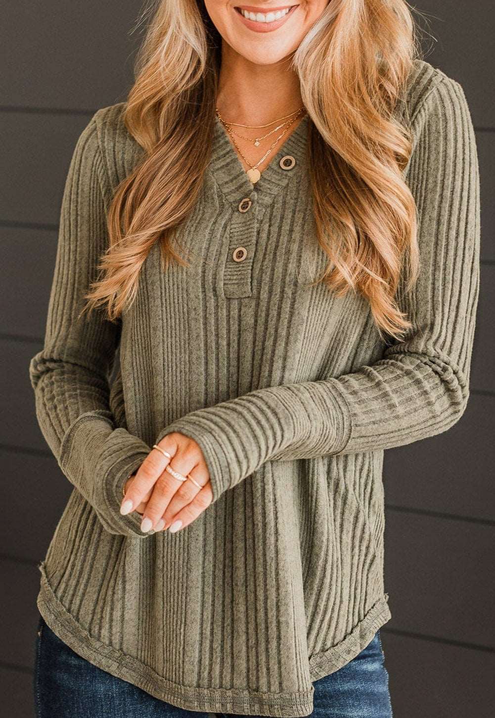 Ribbed Buttoned Long Sleeve Blouse